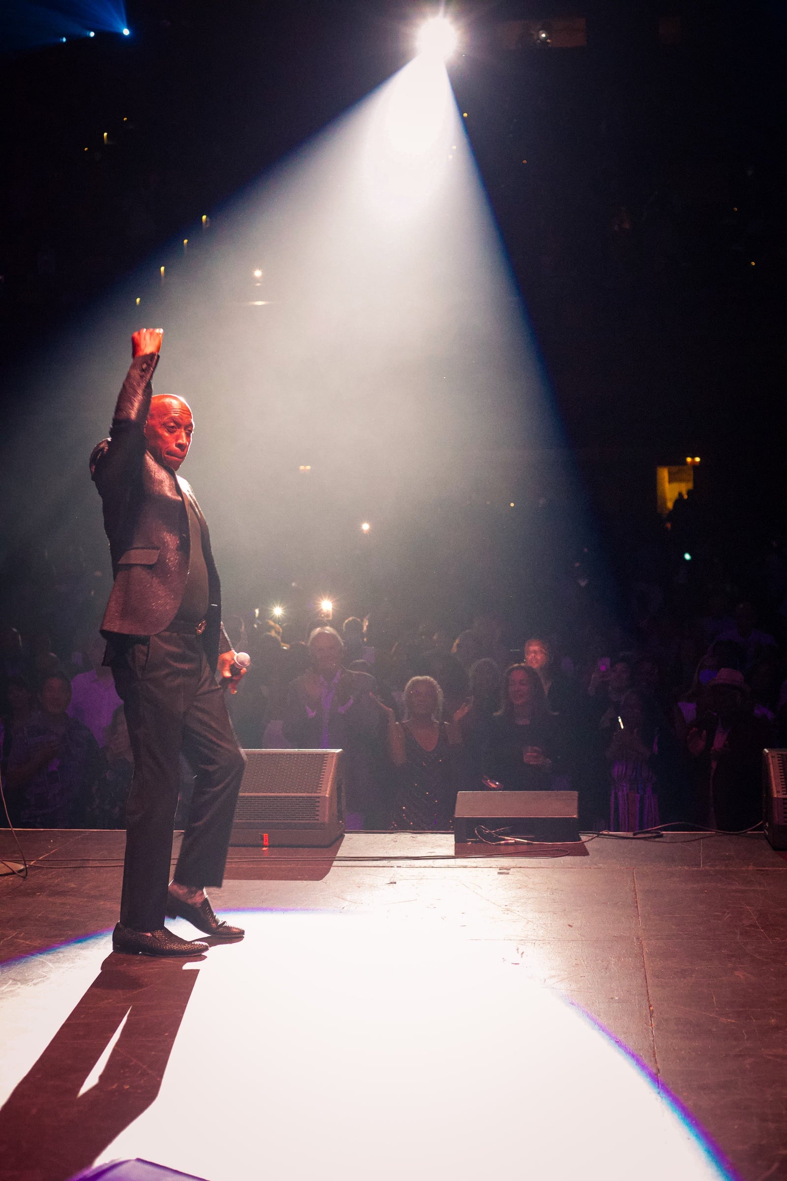 Performer raising a fist beneath a spotlight, with the audience visible beyond the stage